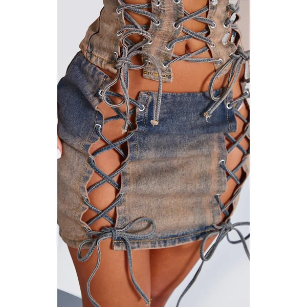 Gris Mini-jupe En Denim Avec Détail À Lacets Petite