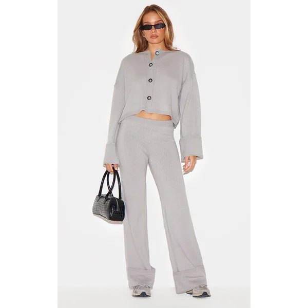 Gris Pantalon En Maille À Ourlet Retroussé