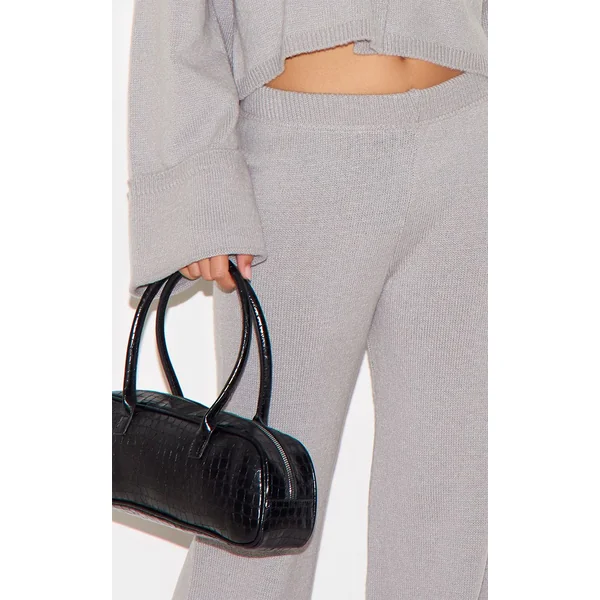 Gris Pantalon En Maille À Ourlet Retroussé
