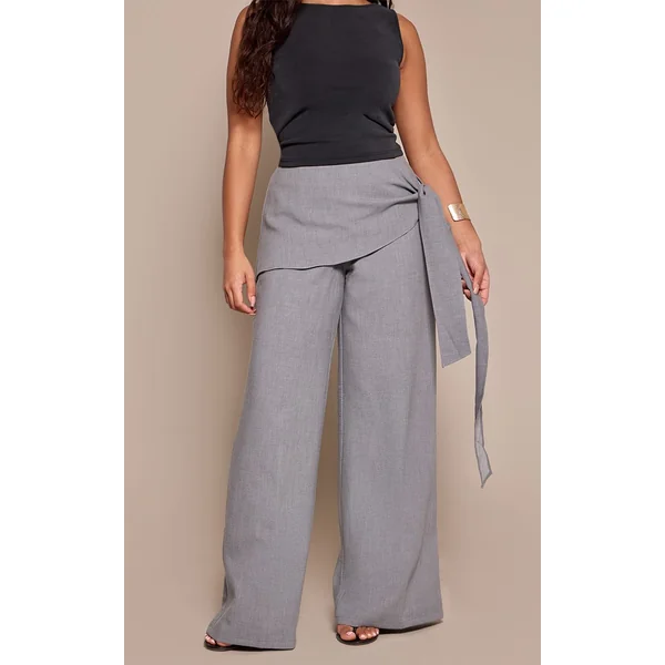 Gris Pantalon Large Taille Haute Ajusté Avec Ceinture Nouée