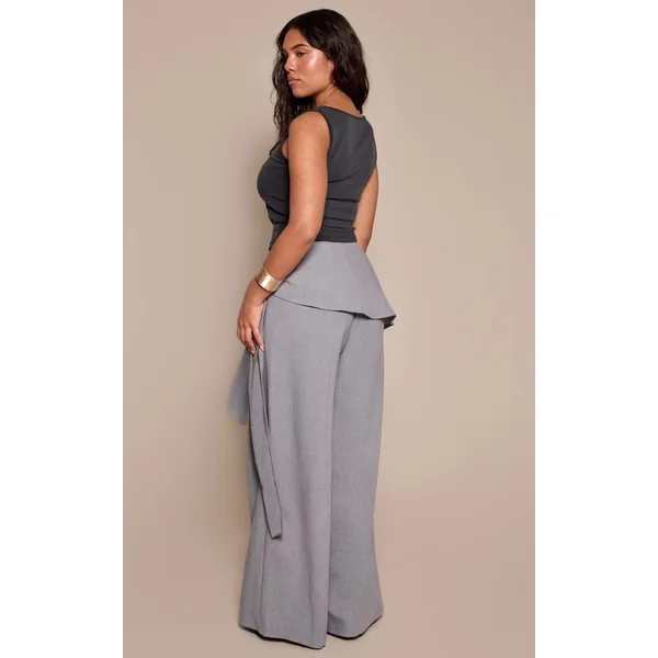 Gris Pantalon Large Taille Haute Ajusté Avec Ceinture Nouée