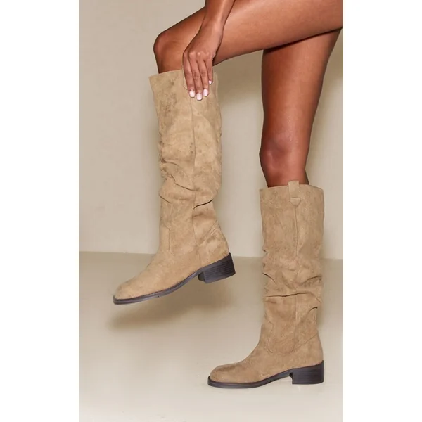 Gris Pierre Bottes Hautes Plissées À Talon Bas En Synthétique
