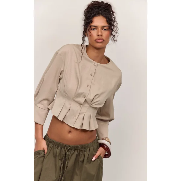 Gris Pierre Chemise Courte Plissée Tissée