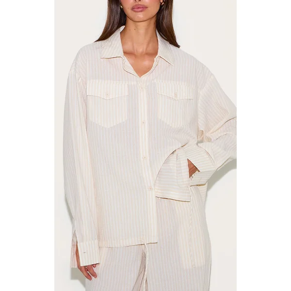 Gris Pierre Chemise Oversize En Lin Rayé Avec Poche Détail