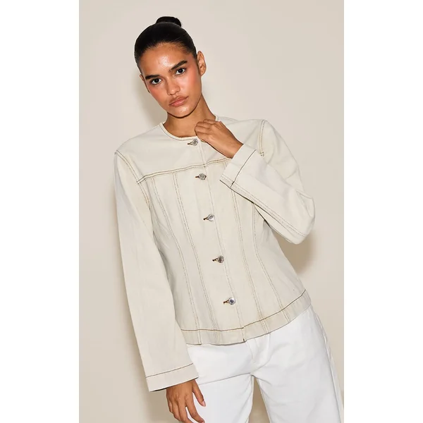 Gris Pierre Délavé Veste En Jean Cintrée À Manches Longues Avec Surpiqûres Contrastées