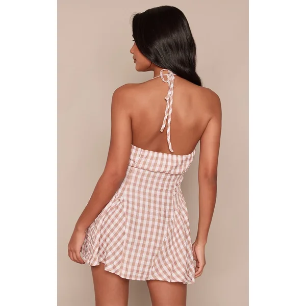 Gris Pierre Robe Droite Vichy À Encolure Américaine Avec Boutonnage