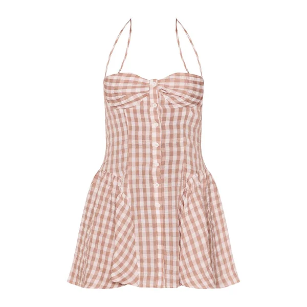 Gris Pierre Robe Droite Vichy À Encolure Américaine Avec Boutonnage