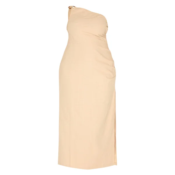 Gris Pierre Robe Maxi Grande Taille En Lin À Encolure Asymétrique