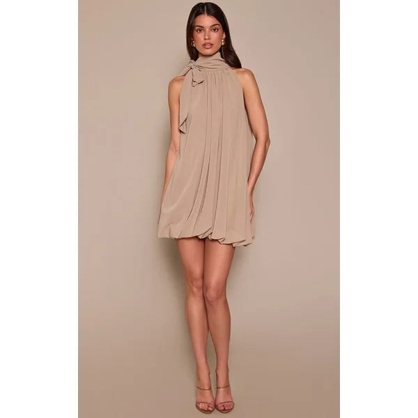Gris Pierre Robe Mini Bouffante En Mousseline Avec Nœud Au Cou