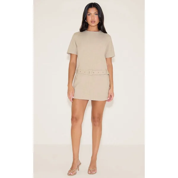 Gris Pierre Robe Mini Ceinturée En Tissu Tissé À Manches Courtes Oversize