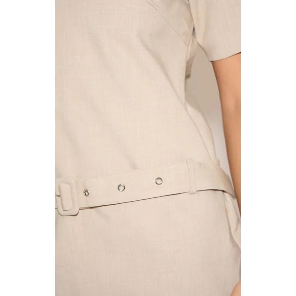 Gris Pierre Robe Mini Ceinturée En Tissu Tissé À Manches Courtes Oversize