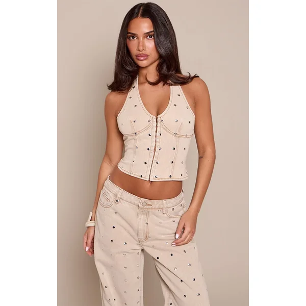 Gris Pierre Top En Denim Col Licou Avec Détails Cloutés Petite