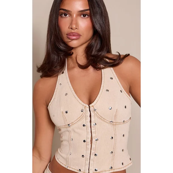 Gris Pierre Top En Denim Col Licou Avec Détails Cloutés Petite