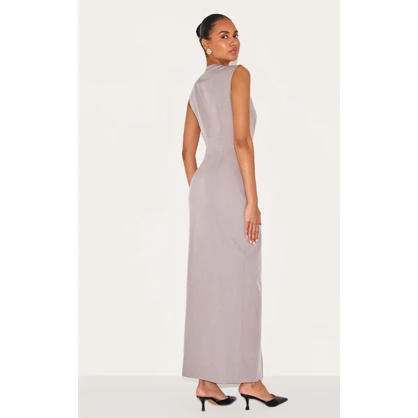 Gris Robe Longue Boutonnée En Tissu Tissé