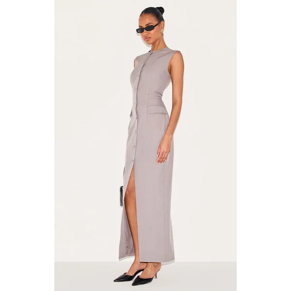 Gris Robe Longue Boutonnée En Tissu Tissé