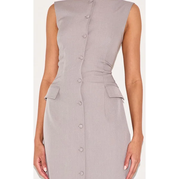 Gris Robe Longue Boutonnée En Tissu Tissé