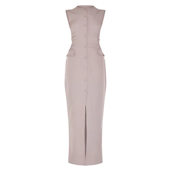 Gris Robe Longue Boutonnée En Tissu Tissé