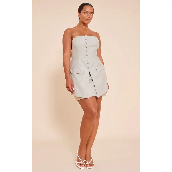 Gris Robe Mini Ajustée À Boutonnière Devant