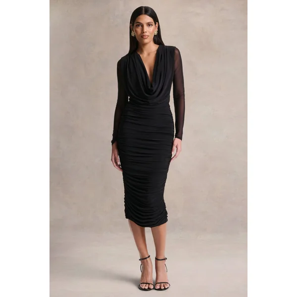 Griselda | Robe mi-longue noire à décolleté plongeant avec manches longues transparentes