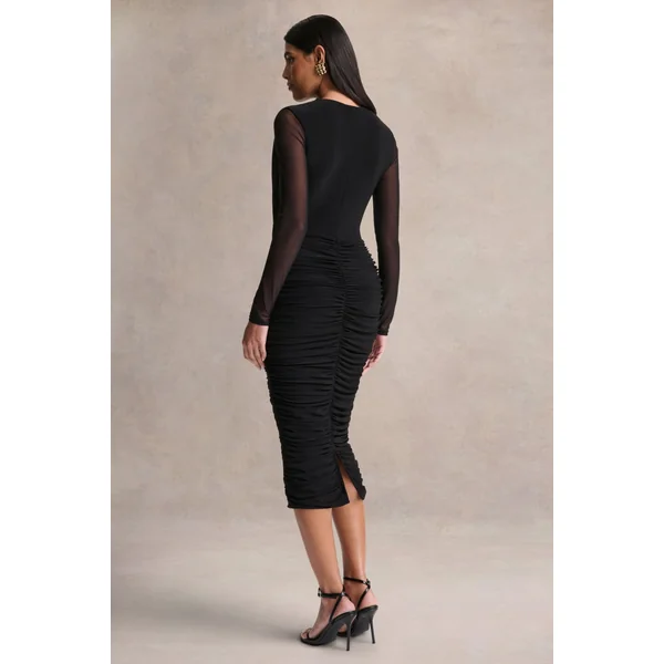 Griselda | Robe mi-longue noire à décolleté plongeant avec manches longues transparentes