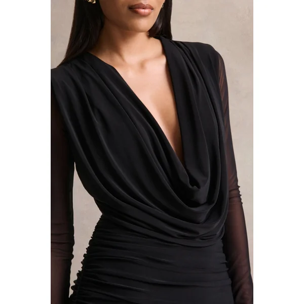 Griselda | Robe mi-longue noire à décolleté plongeant avec manches longues transparentes