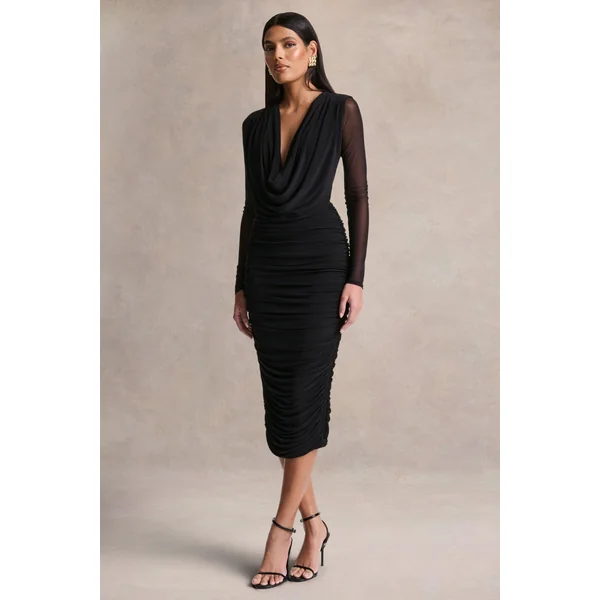 Griselda | Robe mi-longue noire à décolleté plongeant avec manches longues transparentes