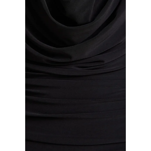Griselda | Robe mi-longue noire à décolleté plongeant avec manches longues transparentes