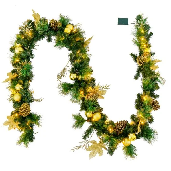 Guirlande de Noël Artificielle Pré-illuminée de 270 cm avec 50 Lumières LED Blanc Chaud Décoration de Noël à Piles avec Pommes de Pin Baies Boules Fleurs