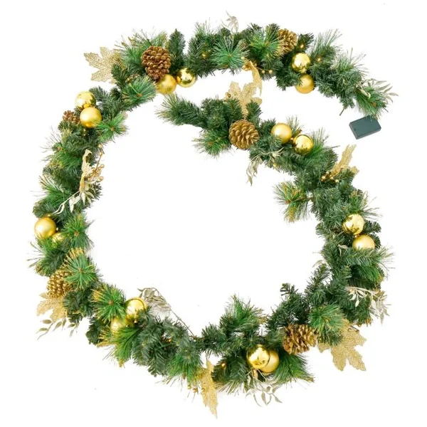 Guirlande de Noël Artificielle Pré-illuminée de 270 cm avec 50 Lumières LED Blanc Chaud Décoration de Noël à Piles avec Pommes de Pin Baies Boules Fleurs