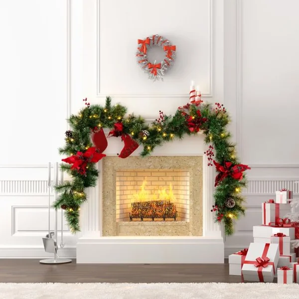 Guirlande de Noël Artificielle Pré-illuminée de 270 cm avec 50 Lumières LED Blanc Chaud Décoration de Noël à Piles avec Pommes de Pin Baies Fleurs