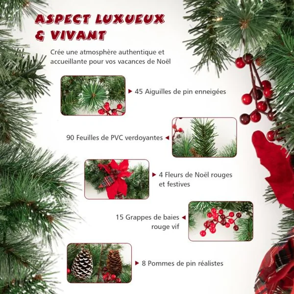 Guirlande de Noël Artificielle Pré-illuminée de 270 cm avec 50 Lumières LED Blanc Chaud Décoration de Noël à Piles avec Pommes de Pin Baies Fleurs