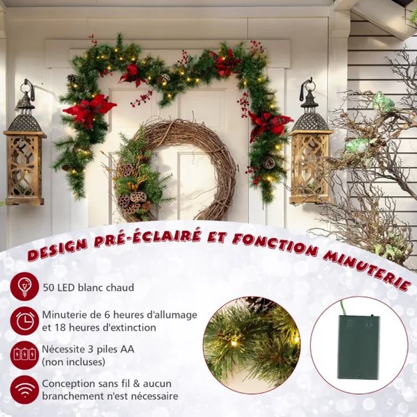 Guirlande de Noël Artificielle Pré-illuminée de 270 cm avec 50 Lumières LED Blanc Chaud Décoration de Noël à Piles avec Pommes de Pin Baies Fleurs