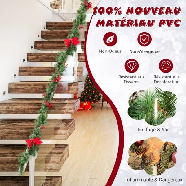 Guirlande de Noël Artificielle Pré-illuminée de 270 cm avec 50 Lumières LED Blanc Chaud Décoration de Noël à Piles avec Pommes de Pin Baies Fleurs