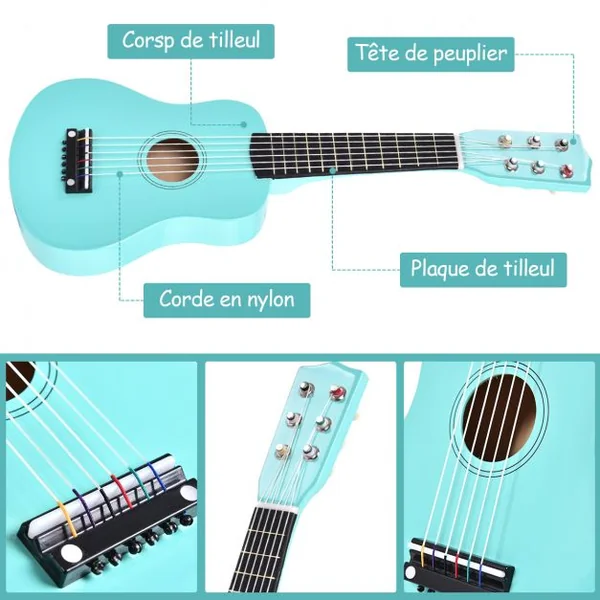 Guitare 21 Pouces 6 Cordes pour Enfants GOPLUS Guitare pour Débutants en Peuplier et Tilleul, 600g, 53,5 x 17 cm, Bleu