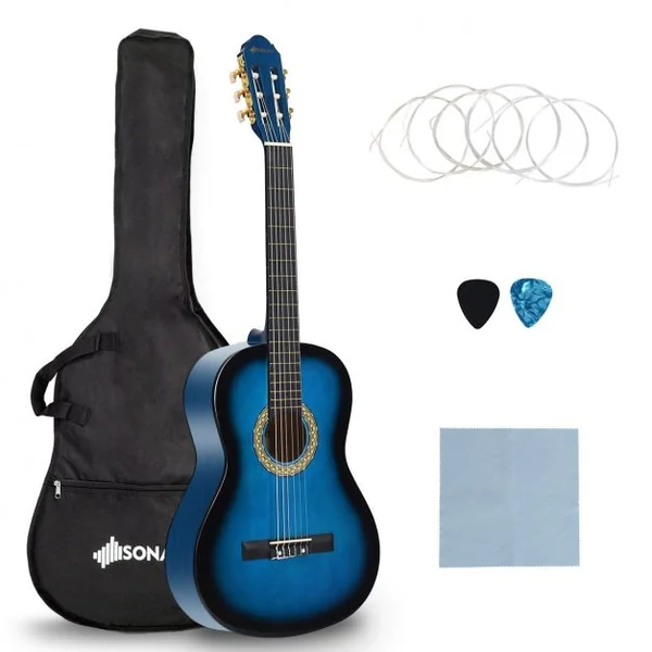 Guitare Acoustique Classique 39 Pouces en Bois de Tilleul et d’Épicéa avec Accessoires 101x36,5x9,8cm, Bleu