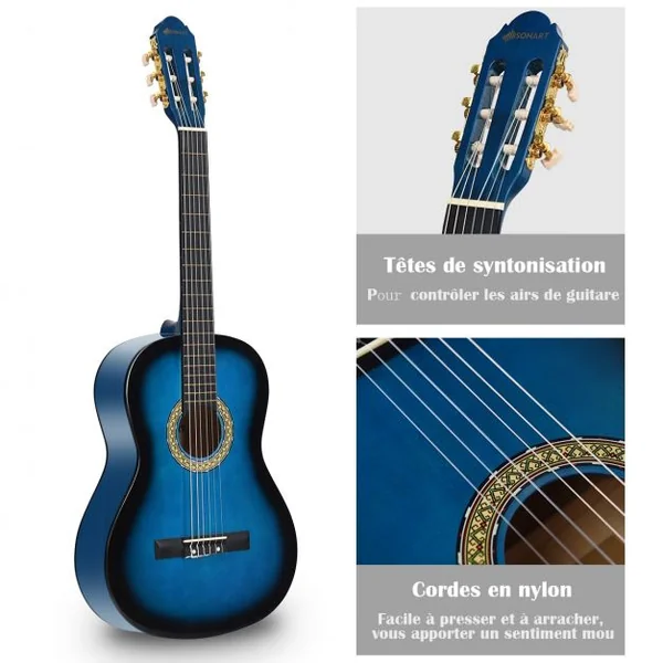 Guitare Acoustique Classique 39 Pouces en Bois de Tilleul et d’Épicéa avec Accessoires 101x36,5x9,8cm, Bleu