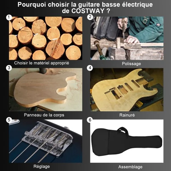 Guitare Basse Électrique en Bois de Paulownia Basse avec Accessoires Sac Sangle Accordeur Câble Médiator 115x33cm Bleu