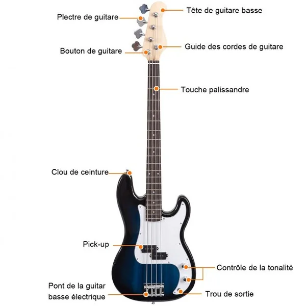 Guitare Basse Électrique en Bois de Paulownia Basse avec Accessoires Sac Sangle Accordeur Câble Médiator 115x33cm Bleu
