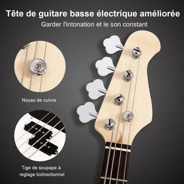Guitare Basse Électrique en Bois de Paulownia Basse avec Accessoires Sac Sangle Accordeur Câble Médiator 115x33cm Noir