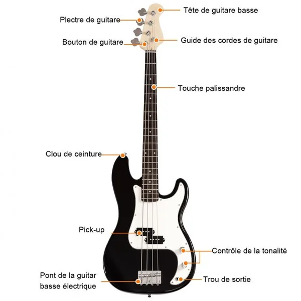Guitare Basse Électrique en Bois de Paulownia Basse avec Accessoires Sac Sangle Accordeur Câble Médiator 115x33cm Noir
