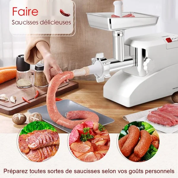 Hachoir Electrique à Viande et Saucisses 700w avec Lame de Coupe à 4 Rabats en Acier Inoxydable 220-240v/50hz Blanc