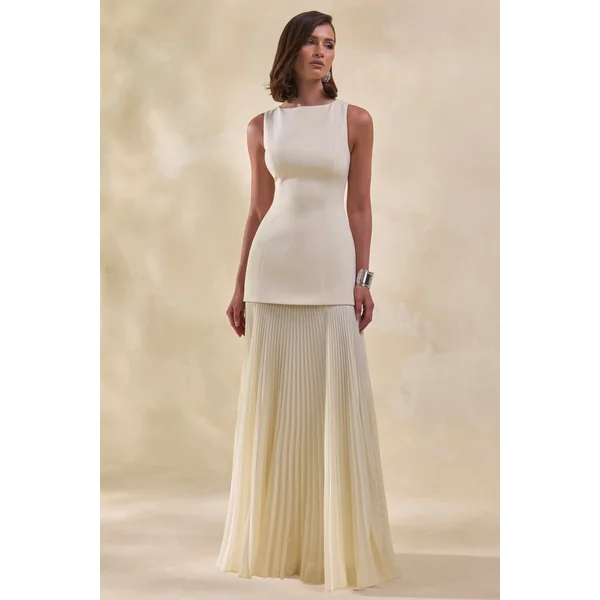 Hadley | Robe longue gris pierre à encolure bateau et taille basse