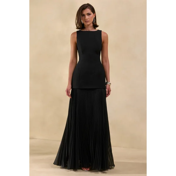 Hadley | Robe Longue Noire à Encolure Bateau et Taille Basse
