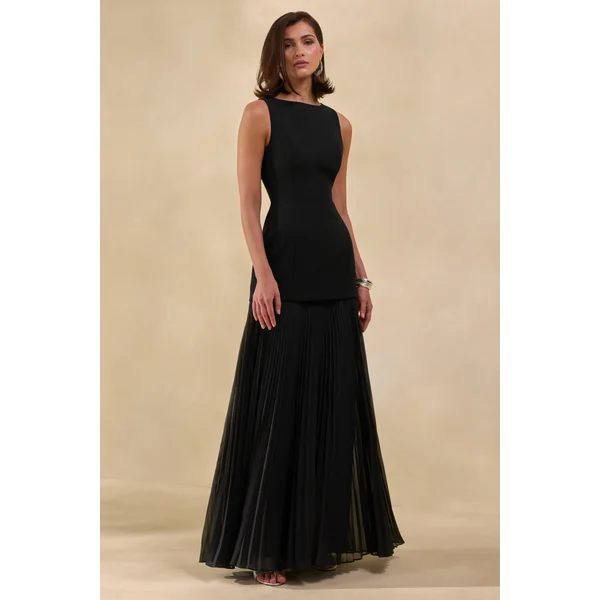 Hadley | Robe Longue Noire à Encolure Bateau et Taille Basse