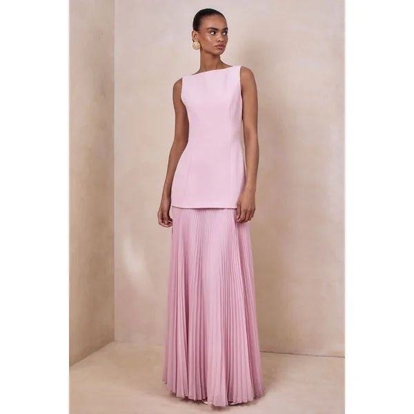 Hadley | Robe longue à encolure bateau rose clair avec taille basse