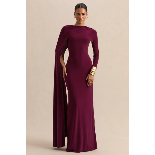 Halina | Robe longue bordeaux à encolure haute avec manche cape