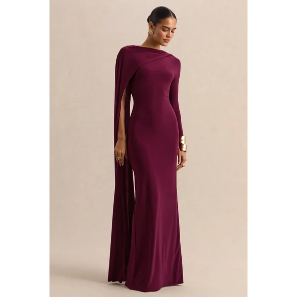 Halina | Robe longue bordeaux à encolure haute avec manche cape