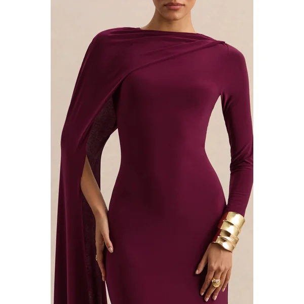 Halina | Robe longue bordeaux à encolure haute avec manche cape