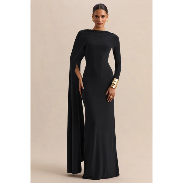 Halina | Robe longue noire à encolure haute avec manche cape
