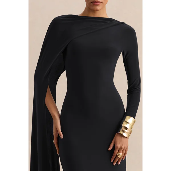 Halina | Robe longue noire à encolure haute avec manche cape